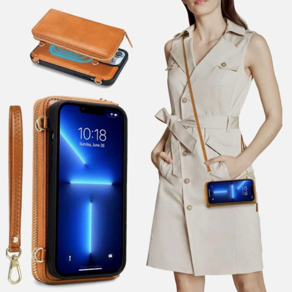 NUOKU IPhone 13 Pro Max 6.7" Case, Magnetic Detachable Crossbody Wallet (Brown)